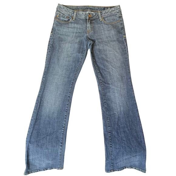 Seven 7 Women Flared Jeans size 30 Blue Low Rise Stretch Beaded - Picture 1 of 12